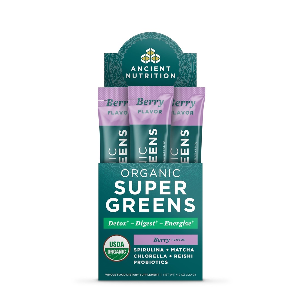 Ancient Nutrition SuperGreens pulver med Probiotika, Økologisk Berry Flavor Grønne, Lavet af ægte frugter, Grøntsager og urter, fordøjelses- og energistøtte, 16 Stick Packs, 4.2oz