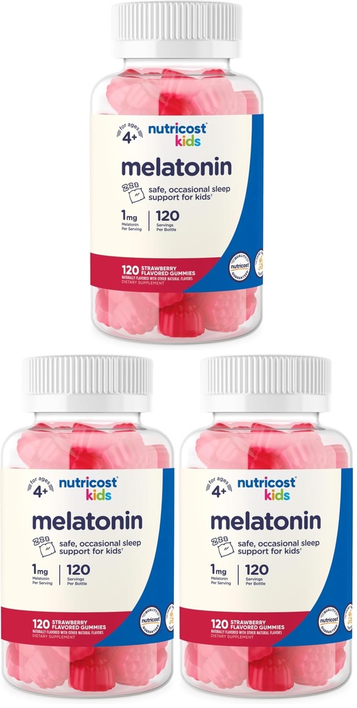 Nutricost Kids Melatonin Gummies 1mg, 120 Gummies, Strawberry Flavored (Pack of 3)