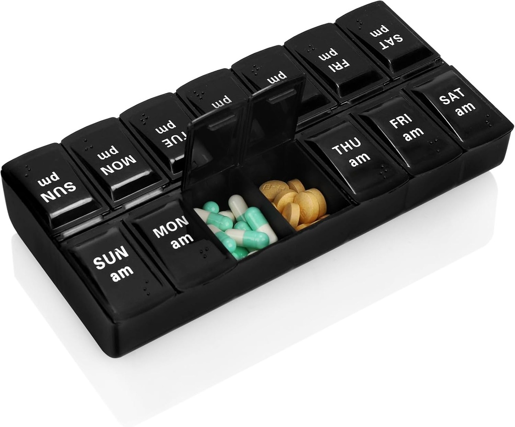 Ugentlig Pill Organizer 2 gange en dag 7 dag Pill Box Holder Stor daglig medicin Organizer rejse Pill Case Pill Container (2 gange sort)