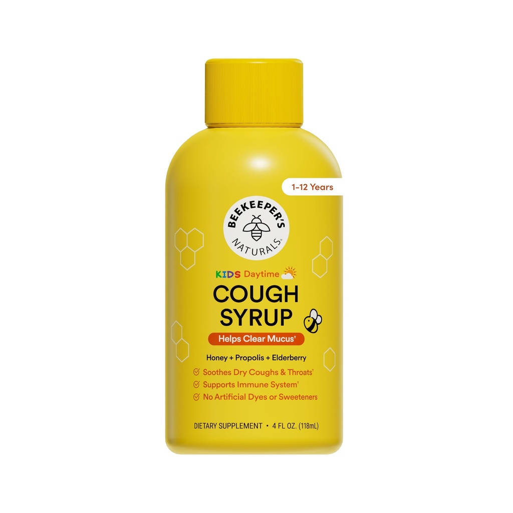 Biavlerens Naturals Propolis Honey Hough Syrup Dagtid for børn immunforsvar med Elderberry, C-vitamin, D-vitamin & rå honning - Throat Linding - Gluten Free & Clean Ingredients, 4 oz.
