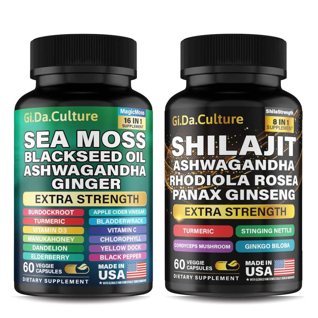 Sea Moss and Shilajit Bundle - Shilajit and Sea Moss Combo with Ashwagandha Black Seed Oil Turmeric Bladderwrack Burdock Root Black Pepper with Vitamins and Antioxidants - 60 Day Supply