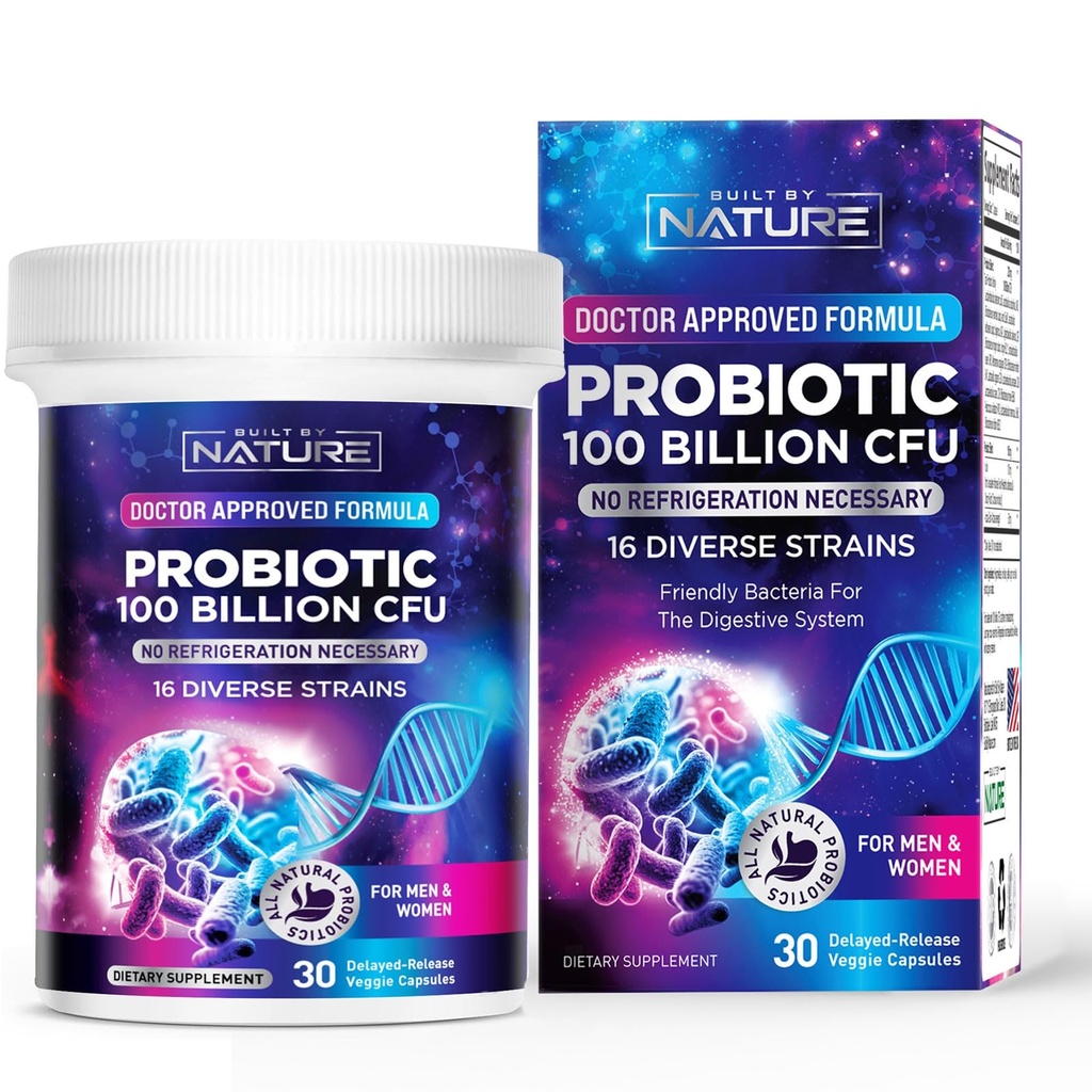 Built by Nature 100 Billion CFU Probiotic – 16 Strains + Prebiotics – Immune & Digestive Support – for Women & Men – Delayed Release Capsules, Shelf Stable – 1 Month Supply - 30 Capsules