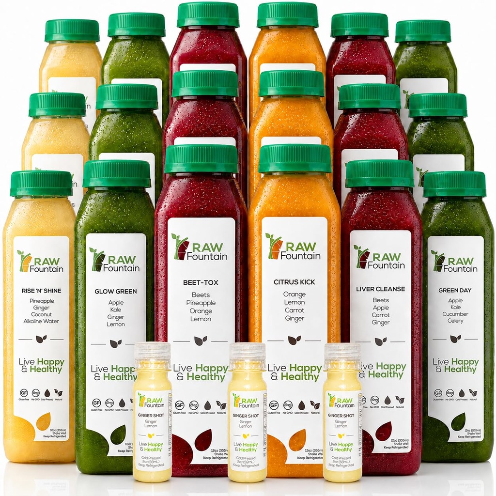 3 dages Juice Cleanse af Raw Fountain, All Natural Raw Detox Cleanse, Juicing for Body Rest, Cold Pressed Juice Fast, Great Way to Jumpstart a Sund Diet, 18 flasker 12oz, 3 Ginger Shots