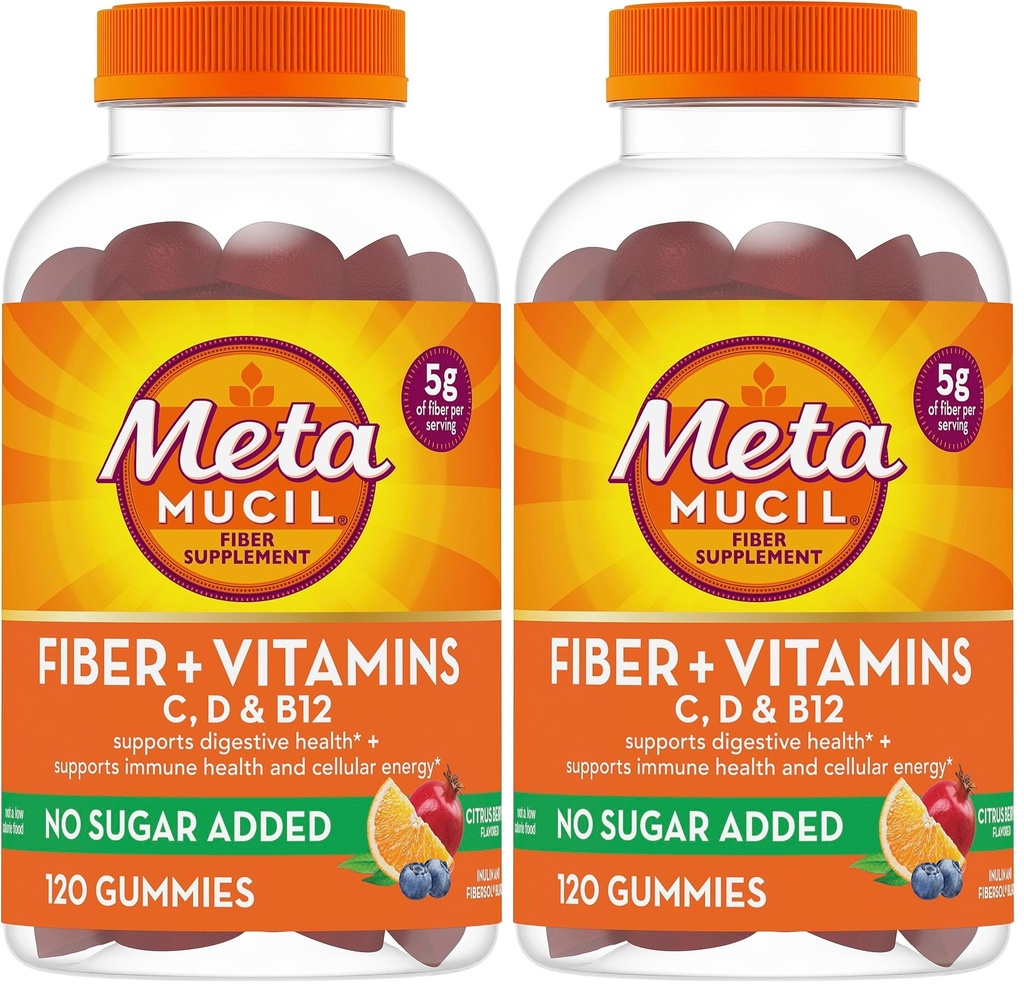 Metamucil Fiber Gummies for Adults with Vitamins C,D,B12 for Metabolism,No Sugar Added Citrus Berry Flavor,5g Plant Based Prebiotic Fiber Supplement Blend,120 Count (Pack of 2)