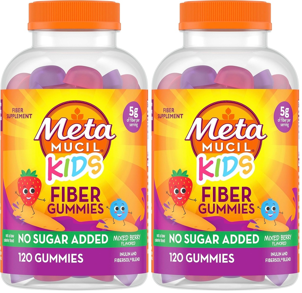 Metamucil Kids Fiber Gummies, No Sugar Added, 5g Prebiotic Plant-Based Fiber Supplement Blend, Mixed Berry Flavored, 120ct Gummies, (Pack of 2)