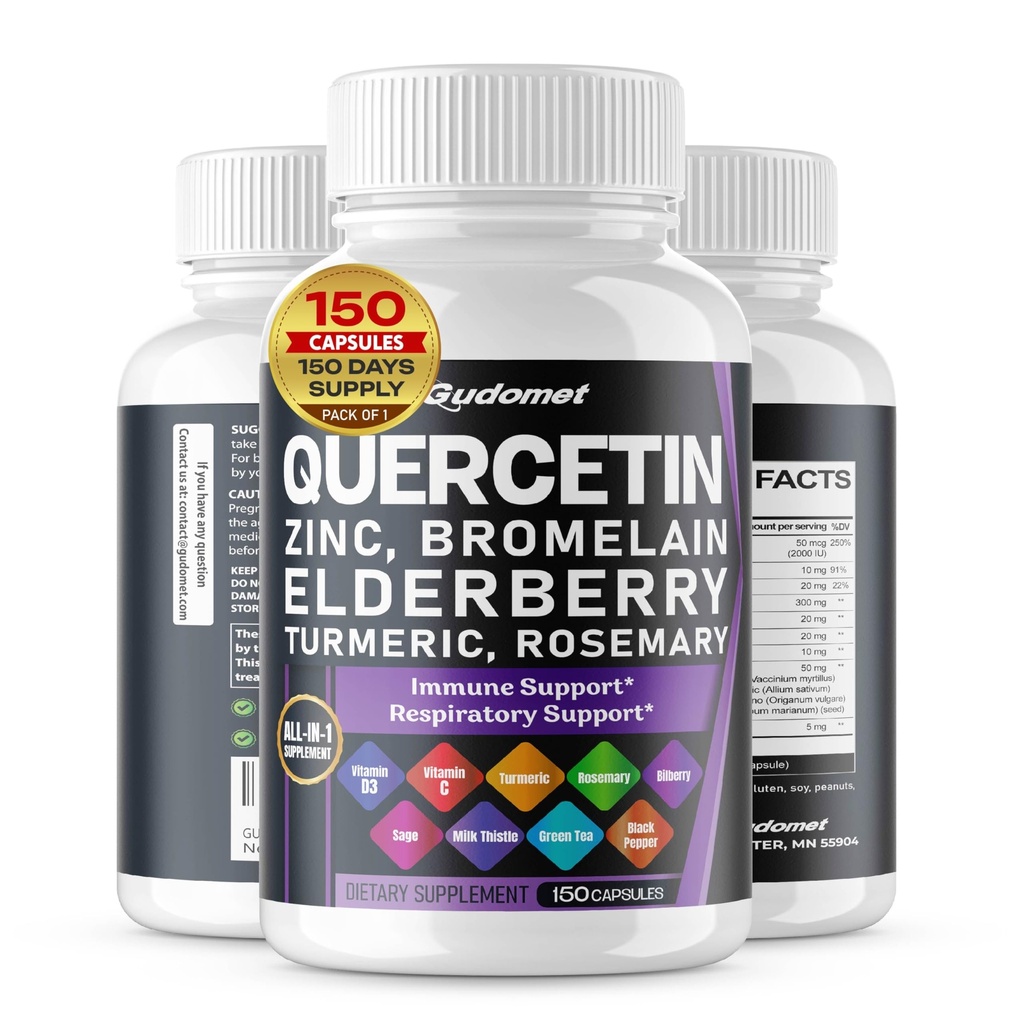 Quercetin Bromelain Zink Vitamin D3 Elderberry Gurkemeje Rosmarin Blåbær Sage Odorless Hvidløg Grøn te Mælk Thistle Oregano -150 Capsules - Made in USA