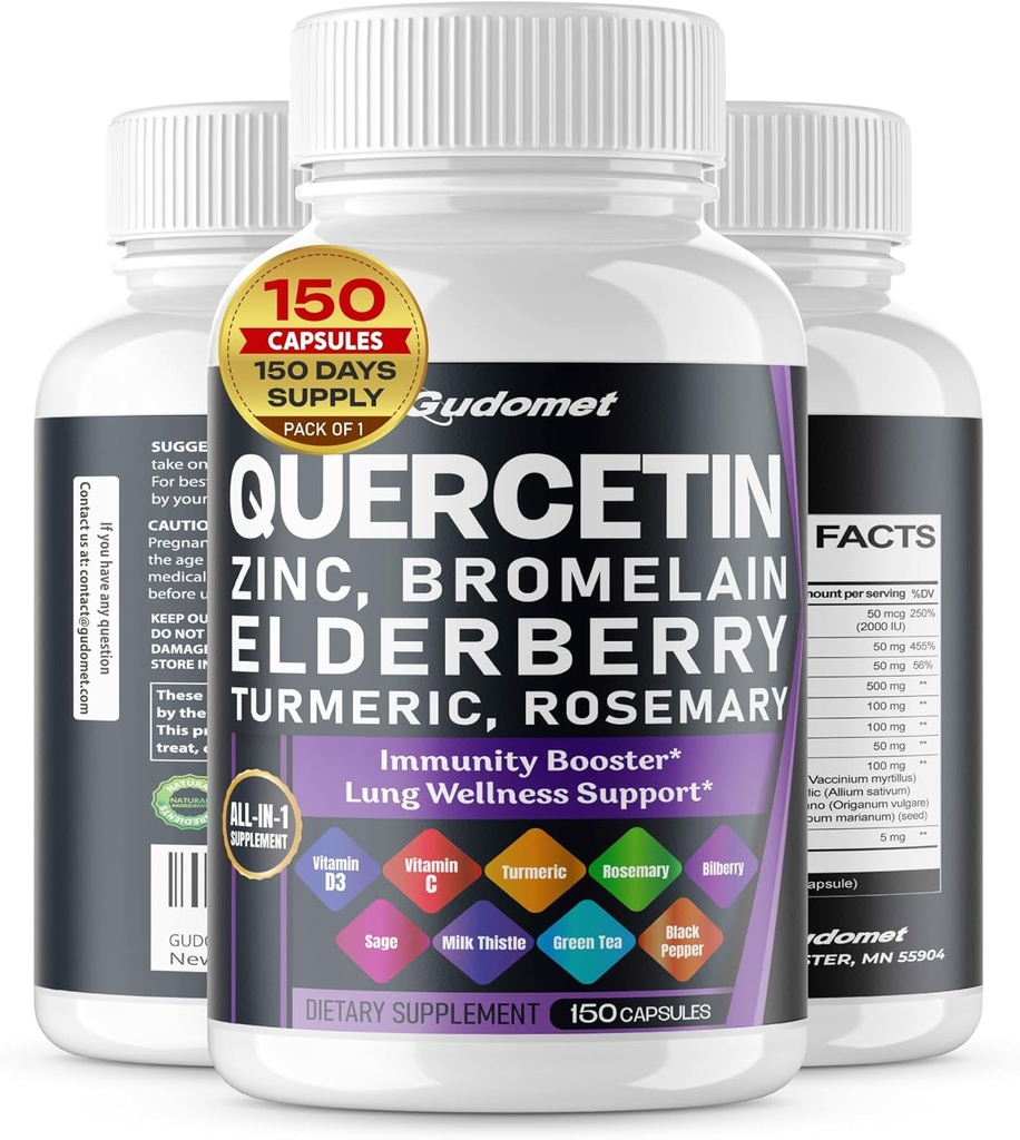 Quercetin Bromelain Zink Vitamin D3 Elderberry Gurkemeje Rosmarin Blåbær Sage Odorless Hvidløg Grøn te Mælk Thistle Oregano -150 Capsules - Made in USA