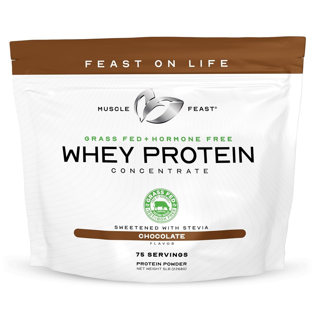 Muskel Feast Grass- Fed Whey Protein Concentrate Powder, All Natural, Hormone Free Pasture Raised Whey Protein Powder for Women & Men, Clean, Non- GMO & Gluten Free Whey Concentrate - Chocolate, 5lb