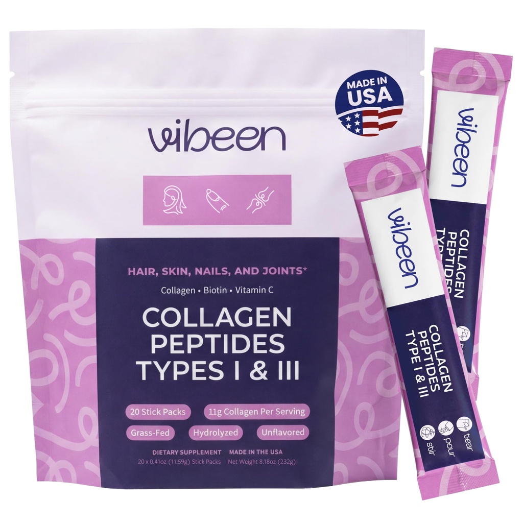 Hydrolyzed Collagen Peptides Powder Packets with Biotin & Vitamin C, 11g Collagen Per Serving Stick, Grass-Fed Bovine Type 1 and 3 Per Serving (Unflavored) (20 Servings)