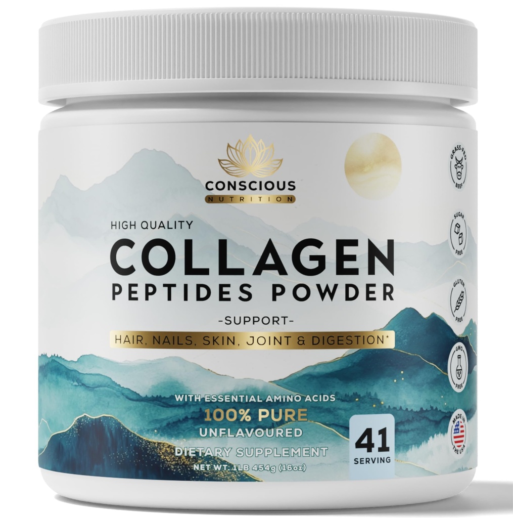 Collagen Peptides Powder – Unflavored, Hydrolyzed Type I & III Collagen, Grass-Fed, Non-GMO, 16 oz