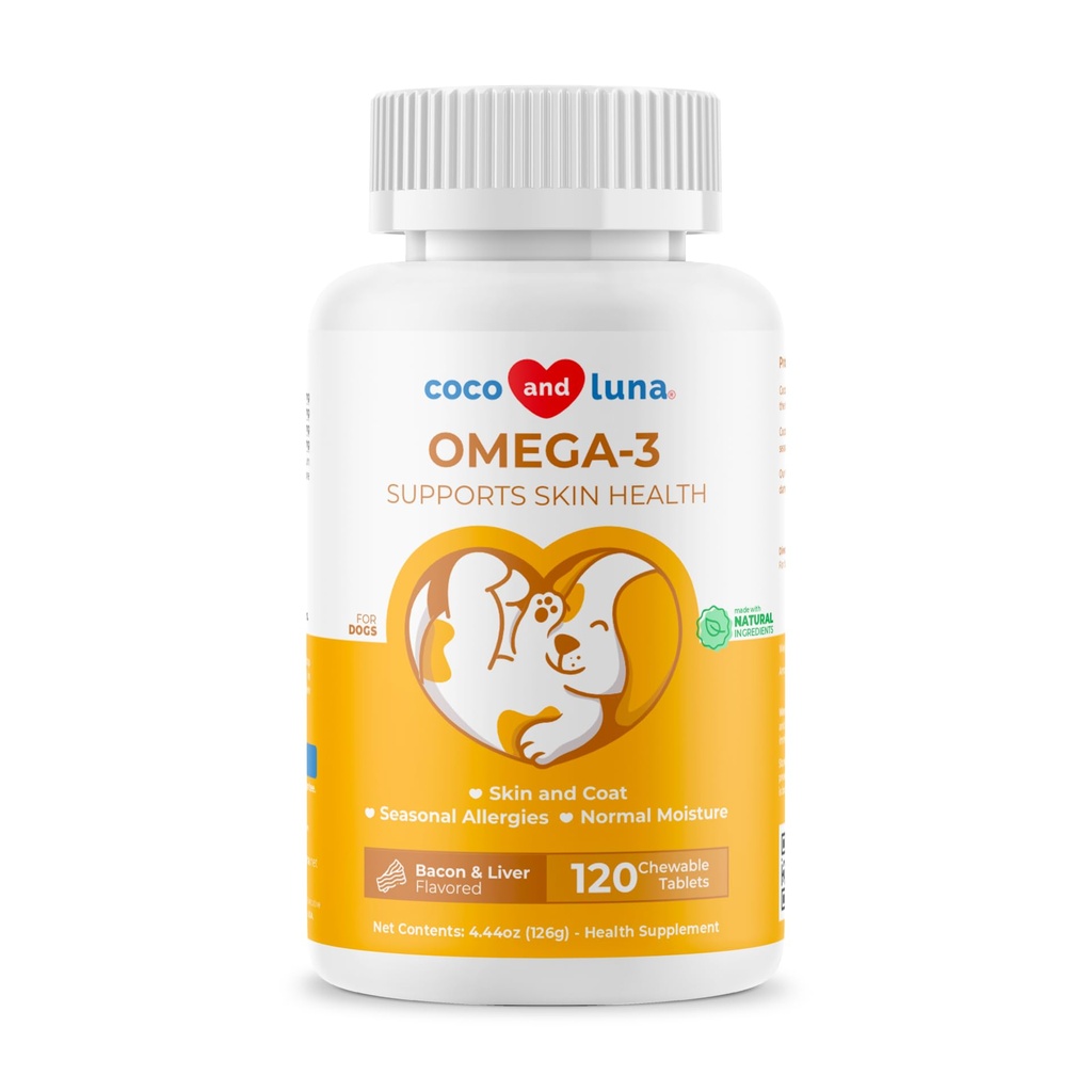 Omega 3 Fiskeolie til hunde - 120 tyggetabletter - med Omega 3, 6 og 9, E-vitamin til hundedej, Itchy, tør hud, fælles & hjerte support