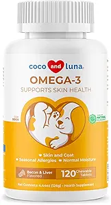 Omega 3 Fiskeolie til hunde - 120 tyggetabletter - med Omega 3, 6 og 9, E-vitamin til hundedej, Itchy, tør hud, fælles & hjerte support