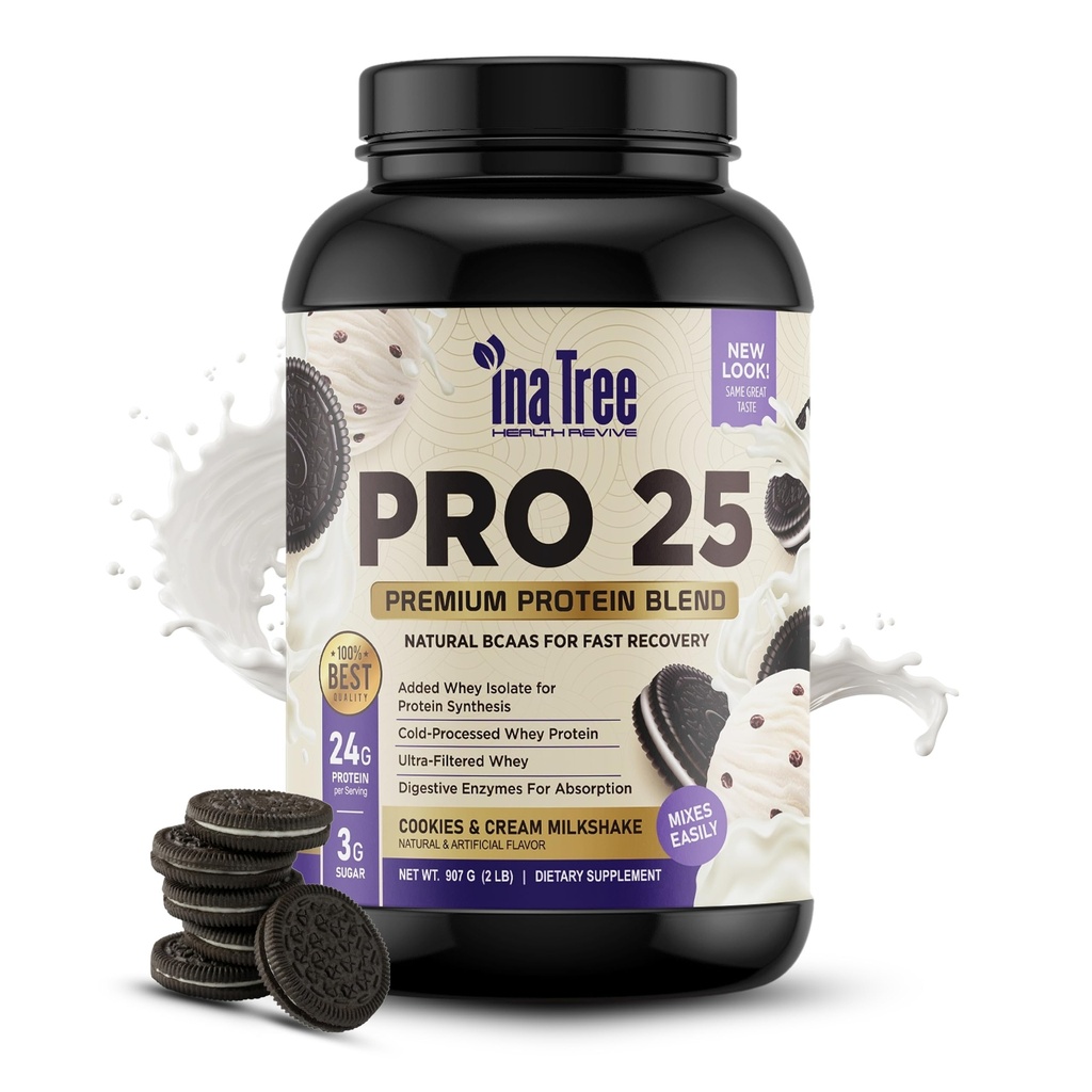 Pro 25 Premium Protein Blend, Ultra-Pure Whey Protein Powder with Natural BCAAS for Fast Recovery, Digestive Enzymes for Absorption, Low Sugar, Cookies and Cream Milkshake (2lb)