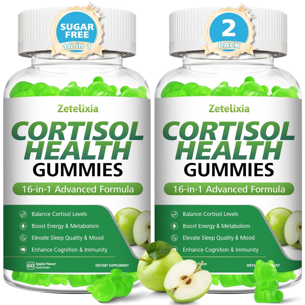 Cortisol Gummies for Women, 16-in-1 Cortisol Supplements for Women,Cortisol Reducer with Ashwagandha, Rhodiola Rosea, Magnesium, L-theanine for Relaxation, Zzz, Cognition, Apple Flavor, 120Cts