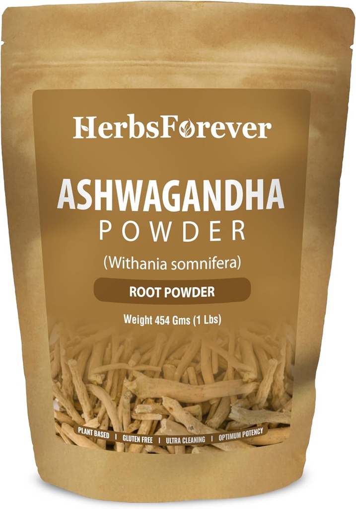 HerbsForever Ashwagandha Root Powder 454g I Vinter Cherry, Non- GMO, Vegan, Gluten- Free I Ayurvedic Stress- Buster Understøtter Energy Booster, Vitality & Forynger Samlet Wellness Maksimal styrke