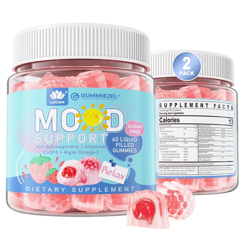 Sugar Free Ashwagandha Mood Support Filled Gummies for Women Men, Calm Gummy with Vitamin D3 B6, Vegan Omega 3, L-Theanine, CoQ10 & Rhodiola Rosea, Natural Relax Calming Supplement, Vegan, 120Cts