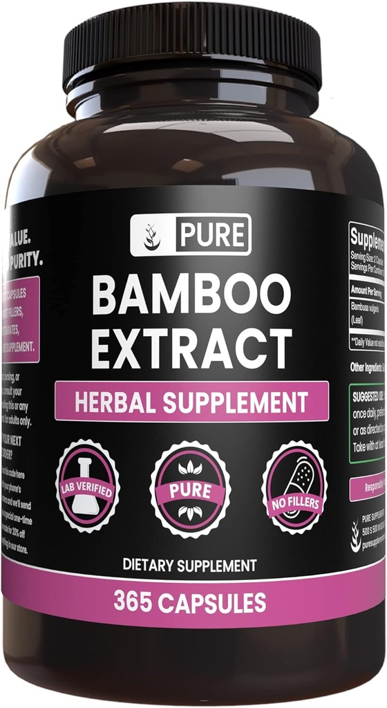 PURE ORIGINAL INGREDIENSER Bamboo ekstrakt (365 kapsler) Ingen Magnesium eller ris Fyldere, Altid Pure, Lab Verified