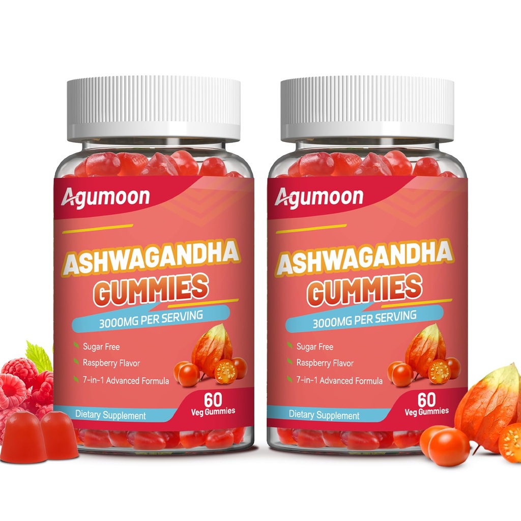2 Pack Ashwagandha Gummies 3000mg for Stress Relief, Calm & Relaxation Support with Magnesium & Vitamin D, Vegan, Gluten-Free, Natural Raspberry Flavor, 120 Count