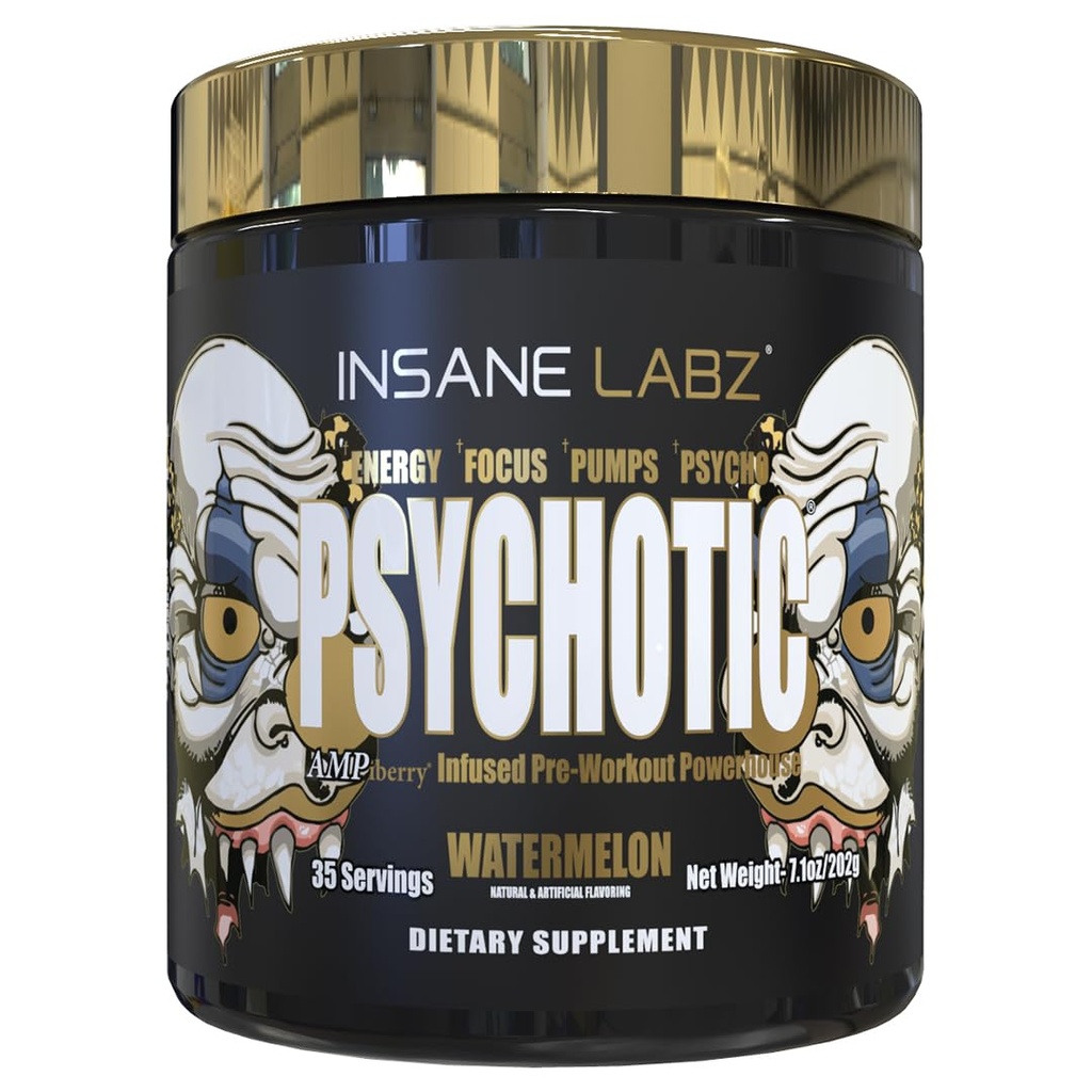 Insane Labz Psykotisk Guld, High Stimulant Pre Workout Powder, Extreme Lasting Energy Focus, Pumper og Endurance med Beta Alanine, DMAE Bitartrate, NO Booster (35 Servere, Watermelon)