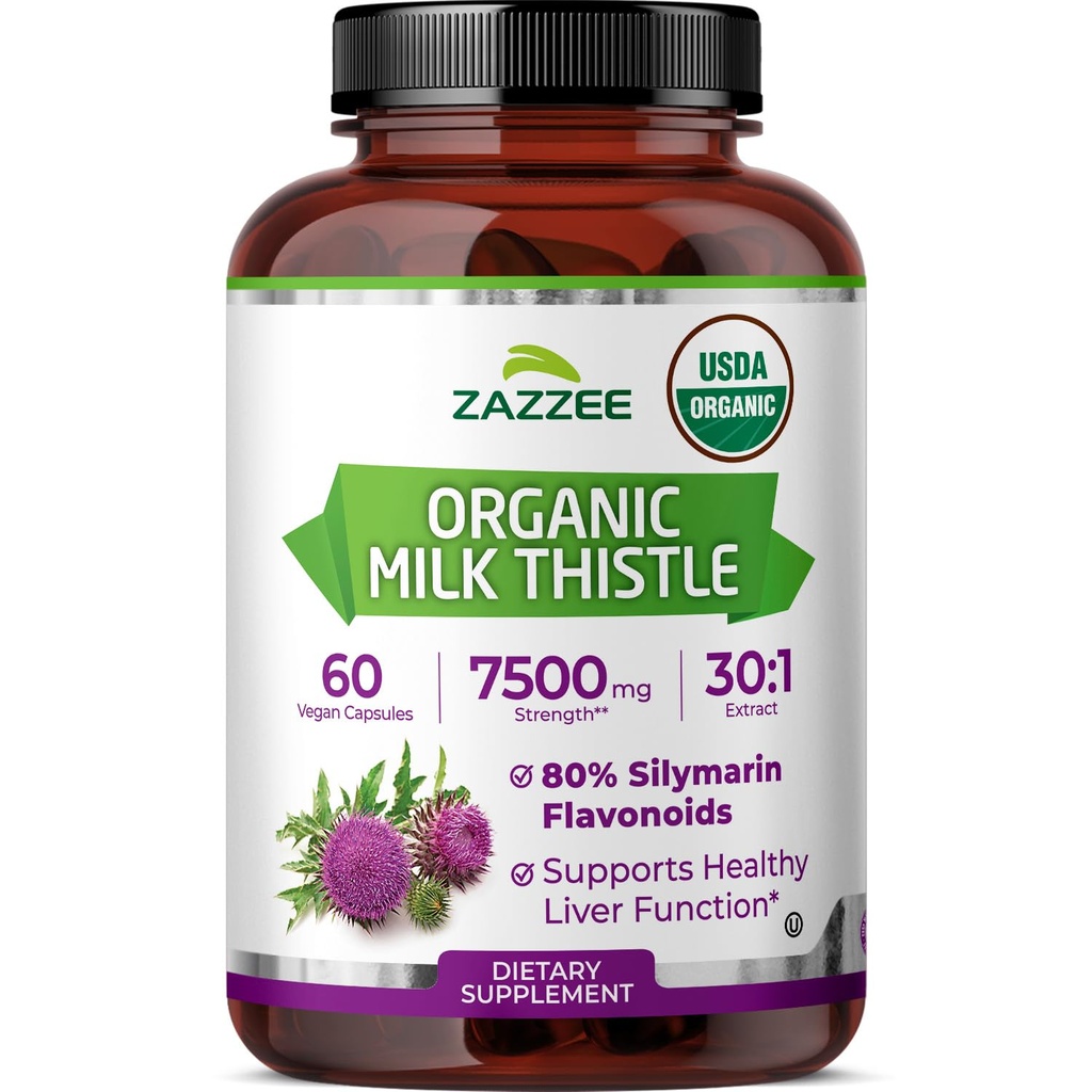 Zazzee USDA Organic Milk Thistle 30:1 Extract, 80% Silymarin, 60 Vegan Capsules, 2 Month Supply, Certified Kosher, High Potency Liver & Antioxidant Support, Silybum Marianum, Non-GMO, Made in the USA