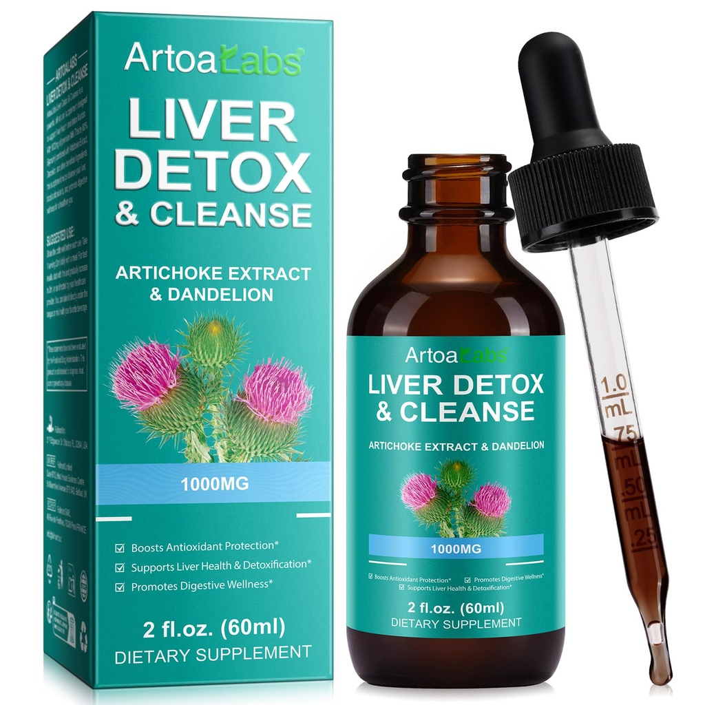Milk Thistle Liquid Drops for Liver Detox & Cleanse, 1000mg Silymarin Extract with Dandelion & Artichoke, Alcohol-Free Liver Support Supplement, Vegan & Non-GMO, 2 Fl Oz