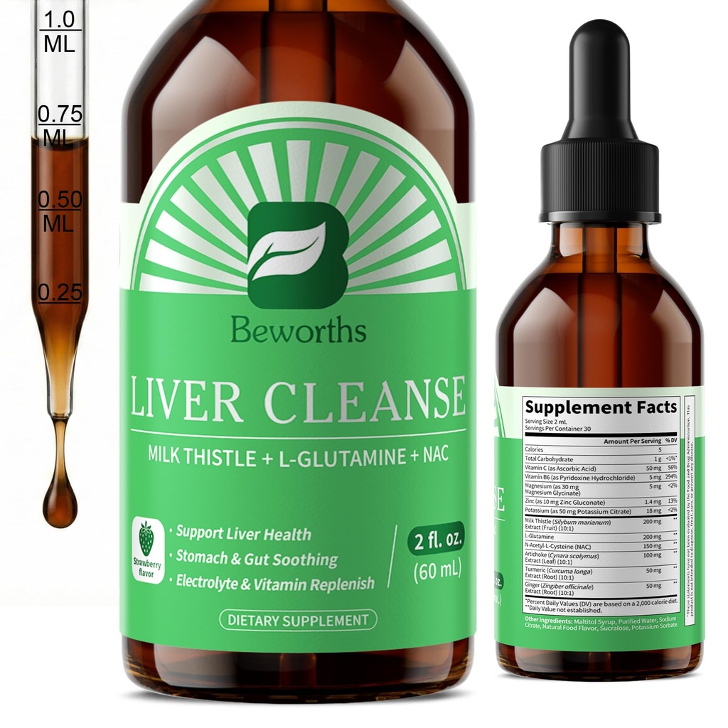 B BEWORTHS Liver Cleanse Detox & Repair - Liver Support Liquid Drops with Milk Thistle, L-Glutamine & NAC, Liver Support, Stomach & Gut Soothing, Electrolyte & Vitamin Replenish, Vegan 2 Fl Oz