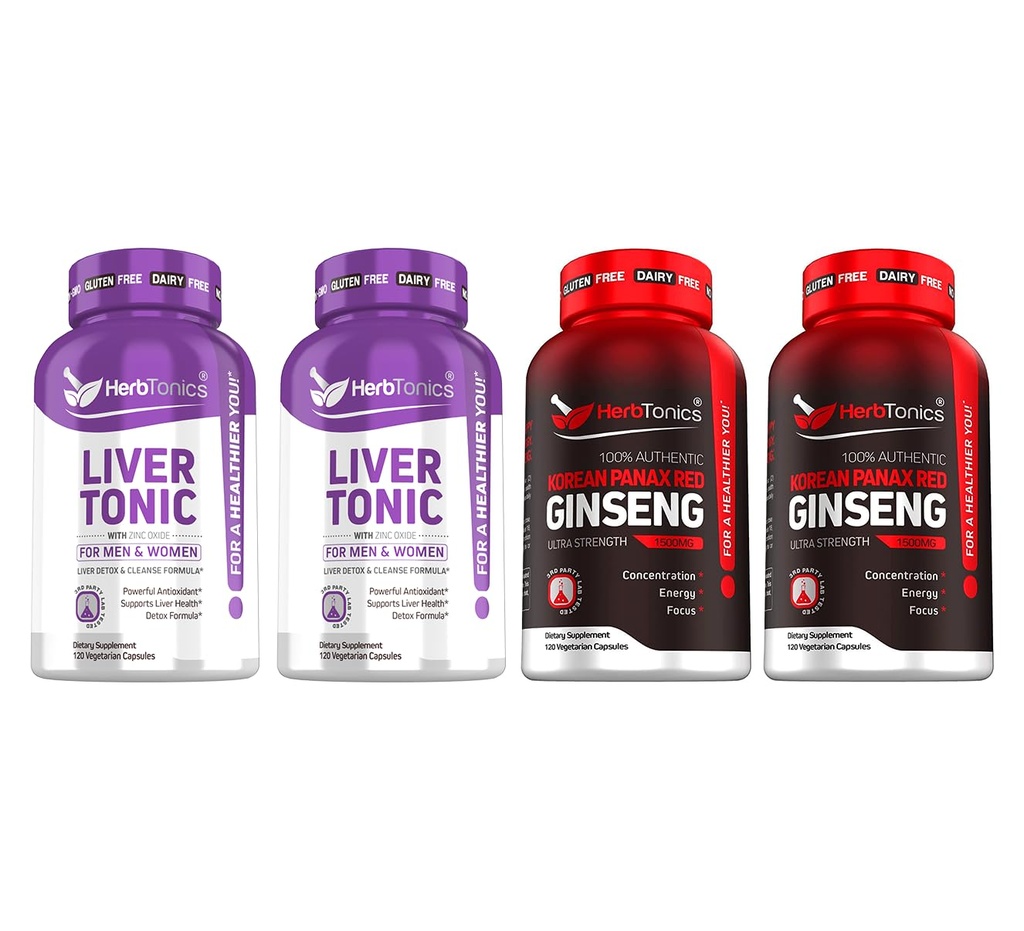 Herbtonics Liver Cleanse Detox & Repair Formula - 20+ Herbs: Milk Thistle, Artichoke Extract, Silymarin & Dandelion - Korean Red Panax Ginseng 1500mg - High Potency Ginseng for Energy for Men & Women