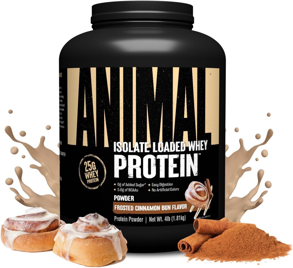 Animal Whey Isolate Protein Powder - Indlæst for Pre & Post Workout Muscle Builder og Inddrivelse med fordøjelsesenzymer til mænd og kvinder - 25g Protein, Great Smag, Lavsukker - Frosted kanel Bun 4 lbs