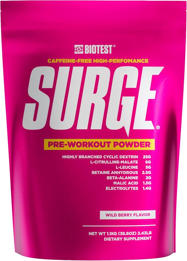Surge Pre- Workout Powder - 25 g Højforgrenet Cyklisk Dextrin, 6,5 g Citrullin Malat, 5 g L- Leucin, 2,5 g betain Vandfri, 2 g Beta- Alanin, 1,4 g Elektrolyte Blend - 1,1 kg