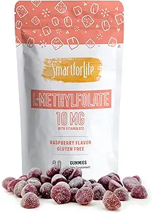 Smart for livet L- Methylfolat Gummies med vitamin B12 Raspberry Flavor - 10mg - 60 Gummies - Active Folate 5 MTHFR Support Professional Strength - Doctor Designet Methyl Folate