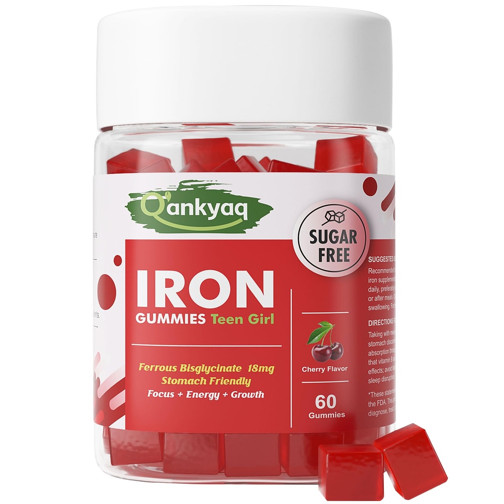 Iron Gummies for Teen Girls, Gentle Iron Ferrous Bisglycinate with Vitamin C, Iron Supplement Plus Folate, Energy & Anemia Support, Chewable, Sugar Free, 60 Gummies