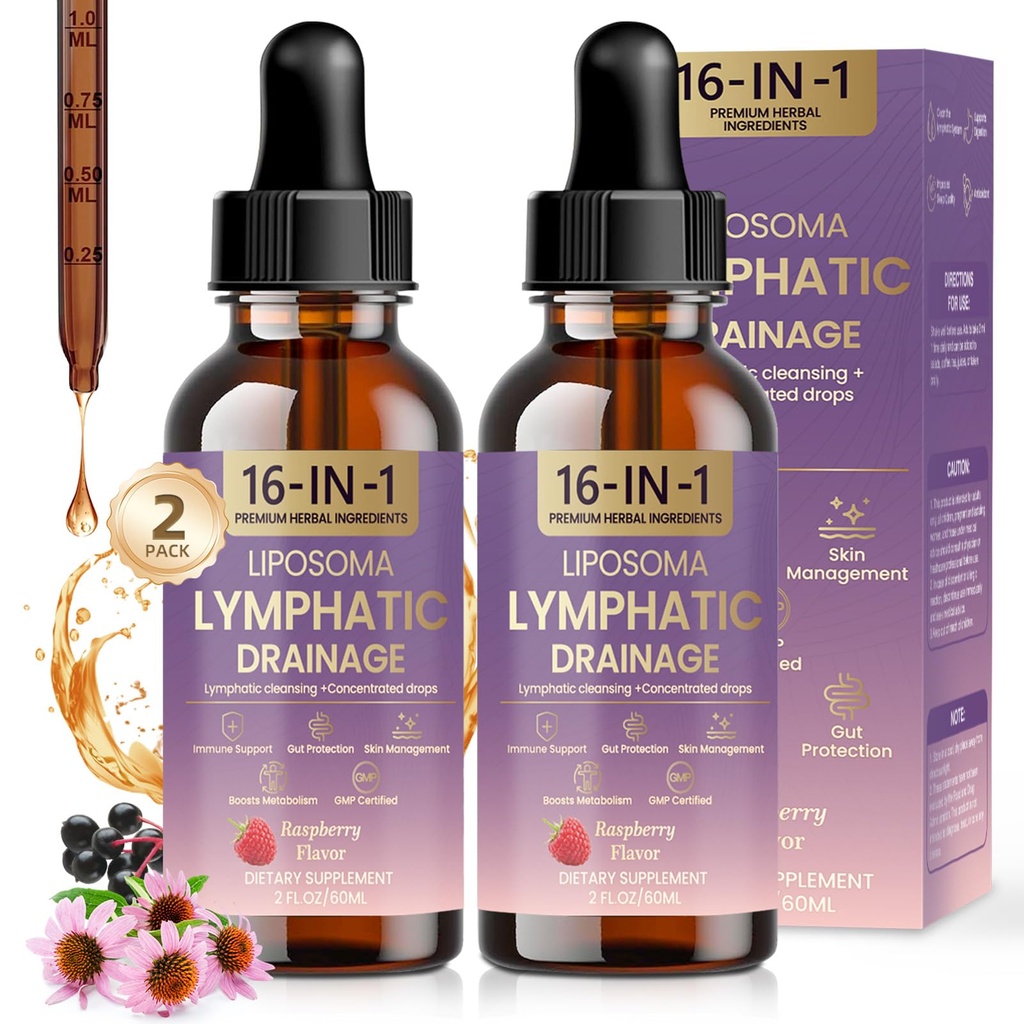 Lymphatic Drainage Drops 2 Pack 16-in-1 Liposomal Lymph Cleansing Liquid Organic Immune Support Skin Gut Health Supplement with Echinacea Burdock Elderberry Inulin Grape Seed Extract Non-GMO 4 Fl.Oz
