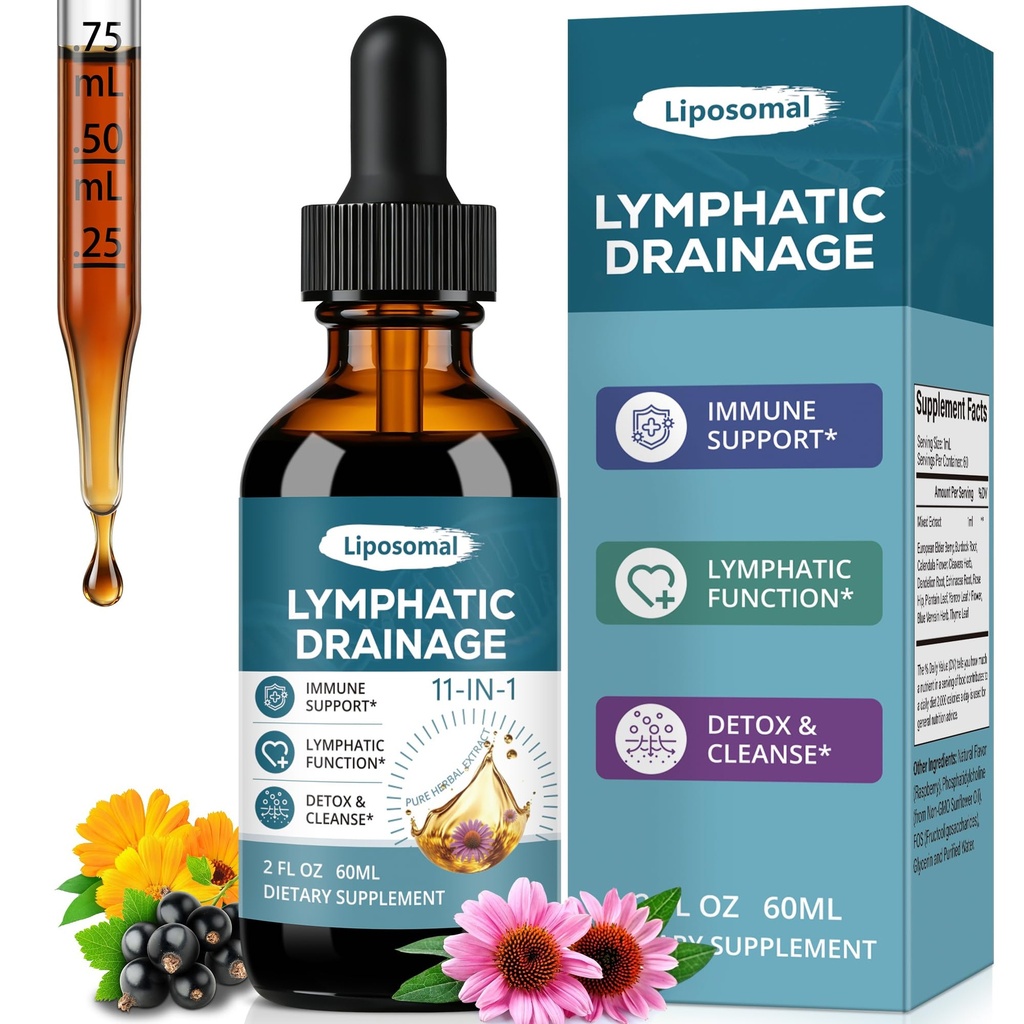 Liposomal Lymphatic Drainage Drops Herbal Liquid - Plant-Based Lymph Support Liquid Extract - Echinacea, Elderberry, Burdock Root, Dandelion Root - Alcohol-Free, Vegan, 2 fl oz