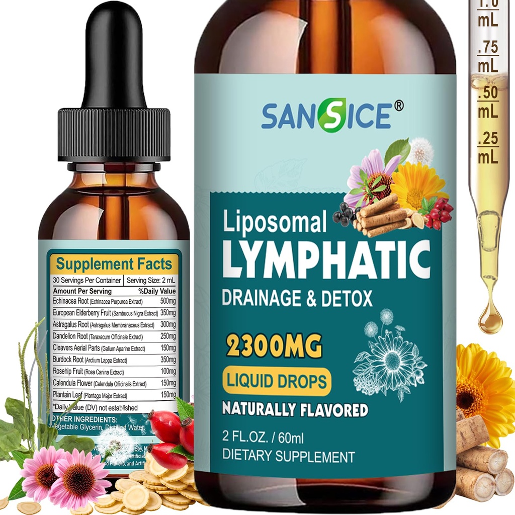 Organic Lymphatic Drainage Drops - Lymphatic Drainage Supplement with Echinacea for Lymph System Support, Elderberry, Astragalus, Cleavers, Burdock & Dandelion for Lymphatic Cleanse & Detox-2 Fl Oz