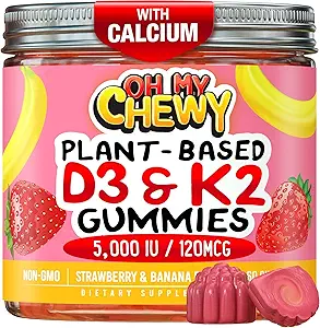 Center- fyldt D3 K2 Gummies - Børn, Teens & Voksne - Supplement for sunde tænder, Knogler, Energi & Immunitet - 5000 IE D3, 120 mcg K2 (MK- 7), 120 mg Calcium - Vegan & non- GMO - 60 Tæl