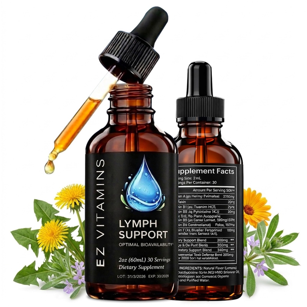 Liposomal Lymphatic Drainage Drops - 26-in-1 Natural Lymphatic Drainage Supplement with Echinacea, Turmeric, Elderberry, Dandelion & Vitamins for Immune & Lymph System Support, 2 fl oz