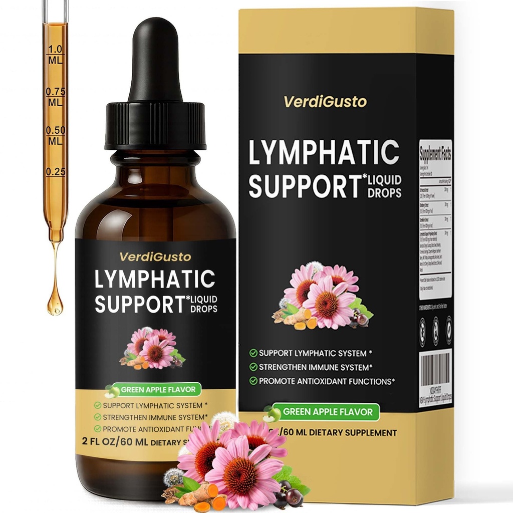 Lymphatic Support Drops, Lymphatic Supplement | Echinacea, Elderberry & Dandelion | Supports Lymphatic Health, Immune Wellness & Antioxidant Support | Non-GMO, Green Apple Flavor | 2 fl oz
