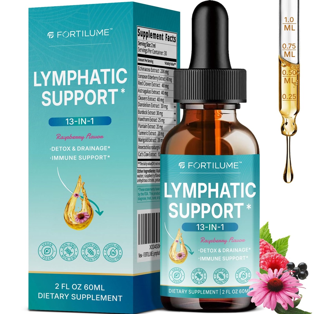 Liposomal Lymphatic Drainage Drops, 13 in 1 Lymphatic Support Drops with Elderberry & Echinacea, Immune & Lymph System Support, Raspberry Flavor, 2 Fl.Oz (30 Servings)