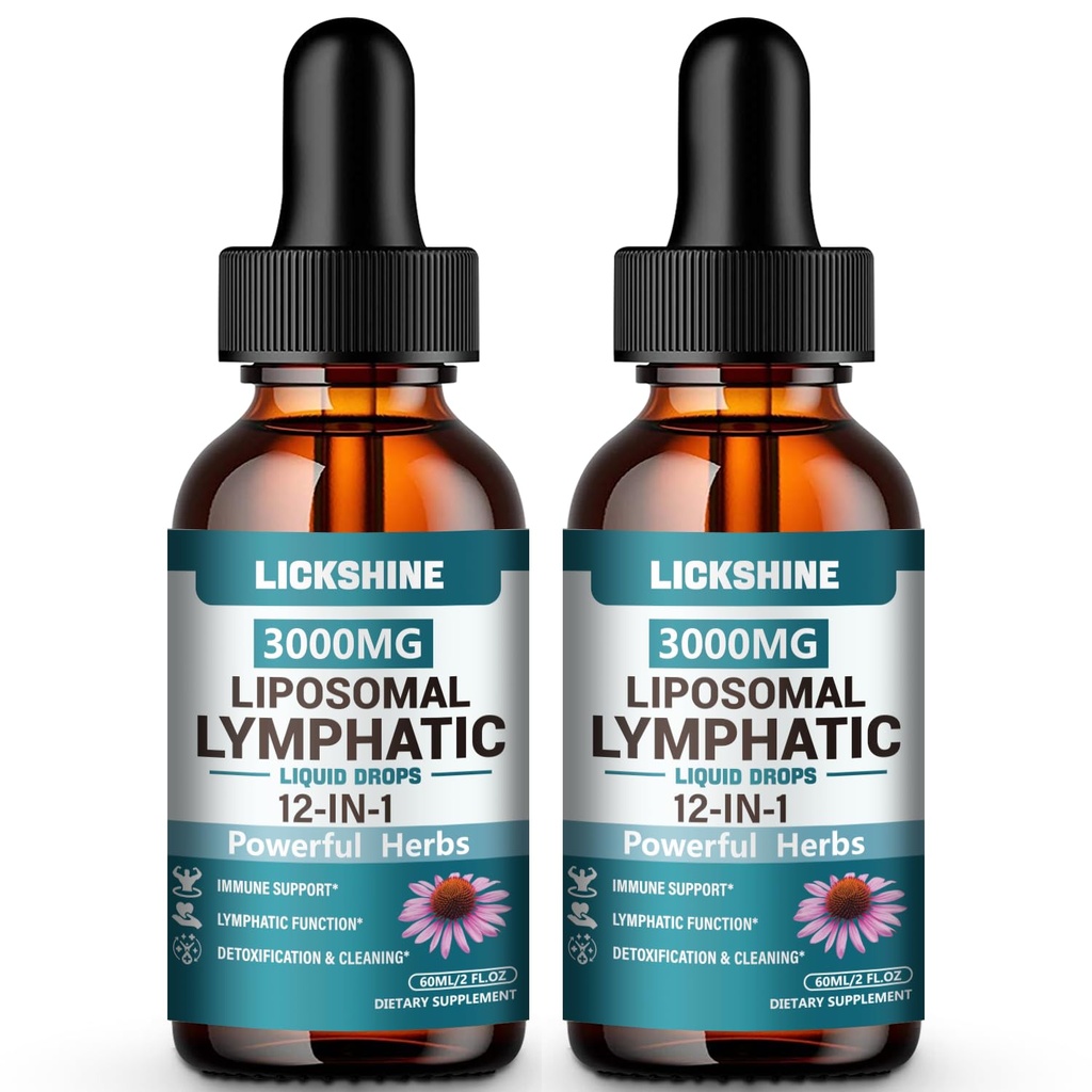 2 Packs 3000MG Liposomal Lymphatic Drainage Drops, 12 in 1 Organic Lymphatic Drainage Supplements with ElderBerry, Burdock Root, Cleavers Herb & Echinacea, Lymphatic Cleanse Immune Support, 4 Fl oz