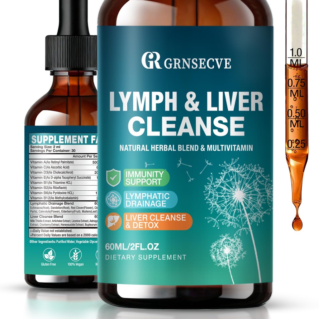 Lymphatic Drainage Drops - Organic Lymphatic Drainage Supplements with Milk Thistle, Echinacea, Artichoke - Liver Cleanse Detox & Repair Drops with All Vitamins, 2 Fl.Oz Vegan, Non-GMO