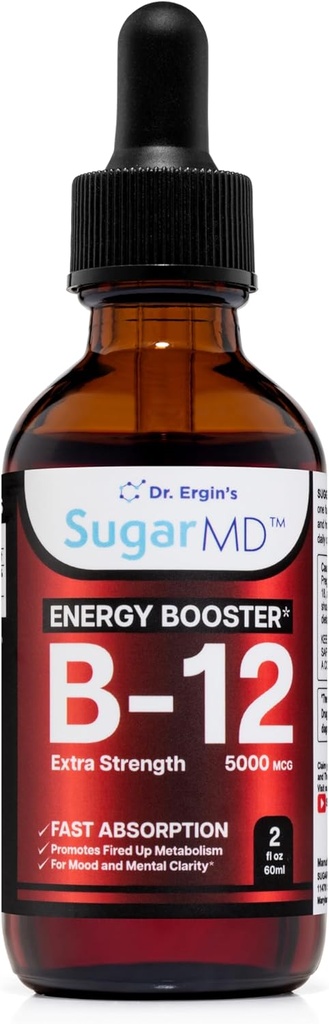 SugarMD Vitamin B12 5000 mcg flydende dråber - 2 fl oz (60ml) Energidråber til kvinder og mænd - Non- GMO & Gluten Free Liquid B12 dråber med maksimal Absorption Formel