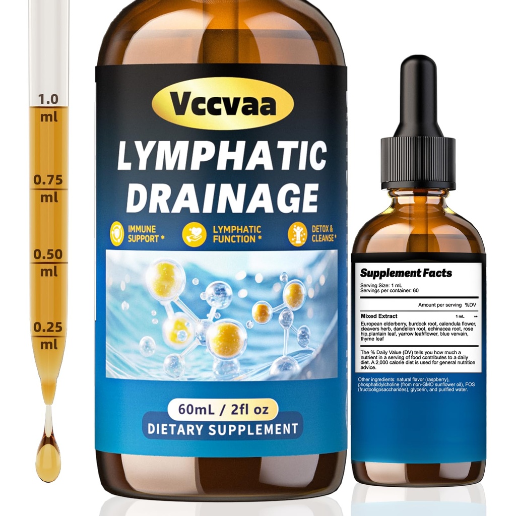 Lymphatic Drainage Drops, 11 in 1 Herbal Lymphatic Drainage Supplement with Burdock, Calendula Flower – Supports Immune Health, Lymphatic Function & Natural Detox – 60mL