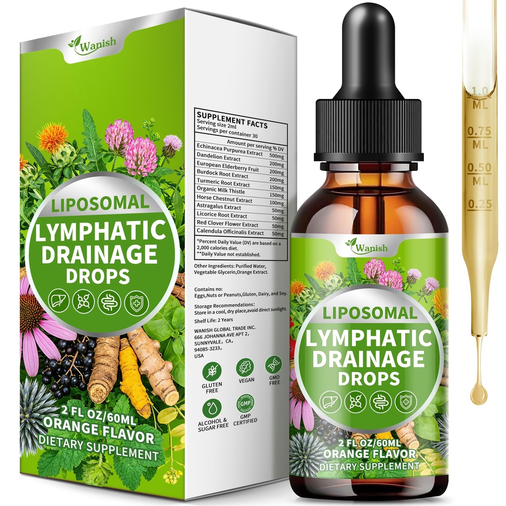 Lymphatic Drainage Drops Supplement for Liposomal, Immune & Lymph System Support for Women & Men with Echinacea,Elderberry,Dandelion,Milk Thistle,Burdock,Turmeric & More,Orange Flavor,2 FL OZ