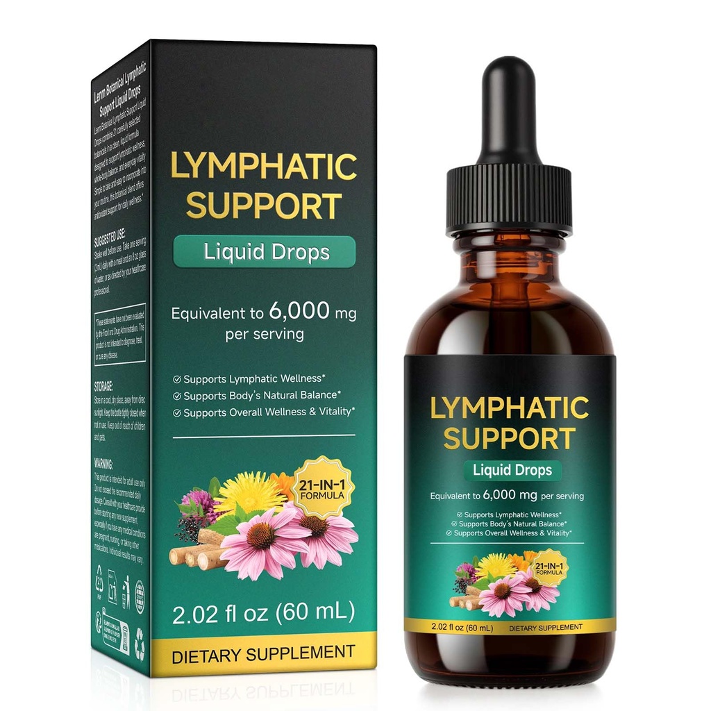 Lymphatic Support Supplements, 21-in-1 Drops, Lymph Drops Supplement for Women & Men with Echinacea, Dandelion, Burdock, Bromelain, Calendula, Turmeric & More, 2.02 FL OZ