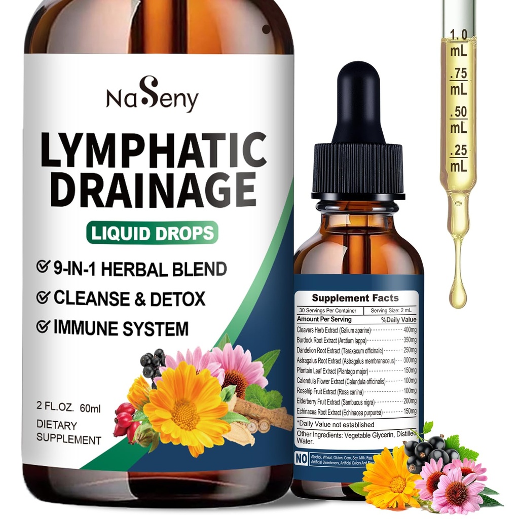 Lymphatic Drainage Drops, 9 IN1 Lymphatic Drainage Supplements for Detox & Cleanse, Immune System Support with Echinacea, Elderberry, Dandelion, Arctium Lappa, 2 FL OZ