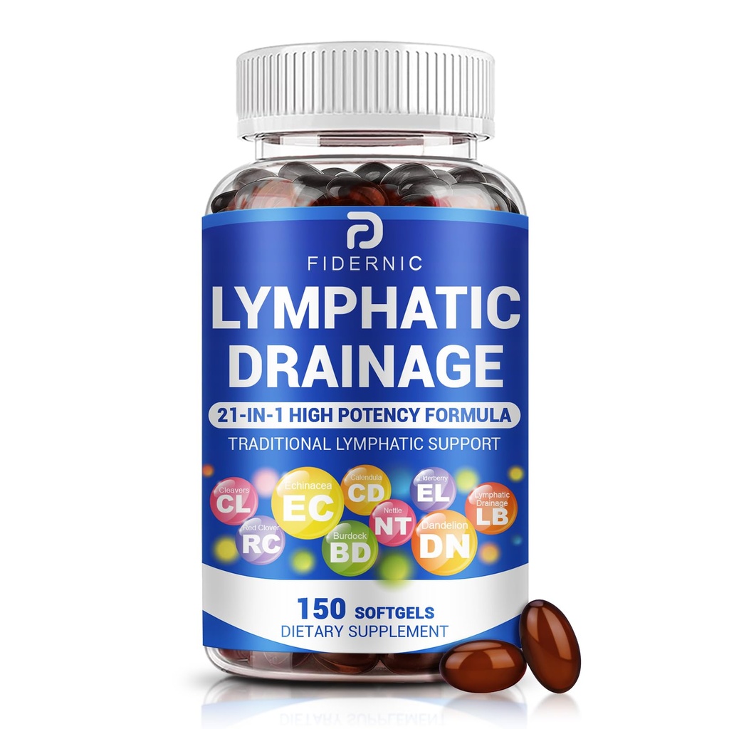 Lymphatic Drainage Supplement — Lymph System Support 21-in-1 Herbal Blend with Echinacea, Dandelion, Burdock, Bromelain, Calendula, Turmeric & More for Immune Health & Fluid Balance — 150 Softgels