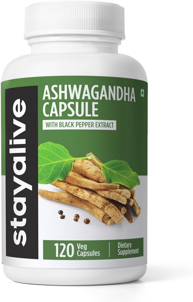 Stay ALIVE Ashwagandha med sort peber, 10: 1 Extract, 120 piller, 100% Pure Root Powder, Ekstra stærke kapsler, Non- GMO & Gluten Free Ashwagandha Kosttilskud til kvinder og mænd