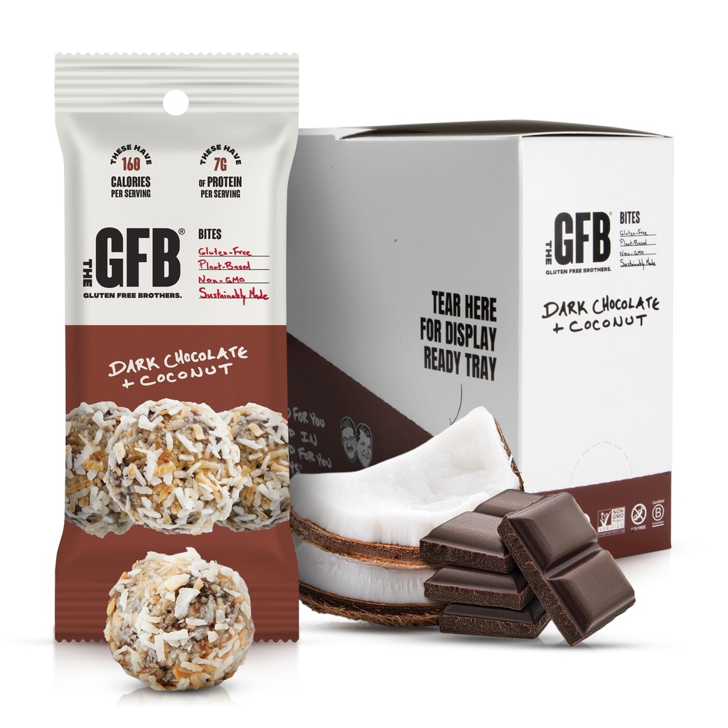 The GFB Dark Chocolate Coconut Protein Bites - Gluten Free, Plant Based, Non GMO, Sustainably Made – Ridiculously Tasty, Healthy, Vegan, Protein Energy Balls, 1.2 oz (10 count)