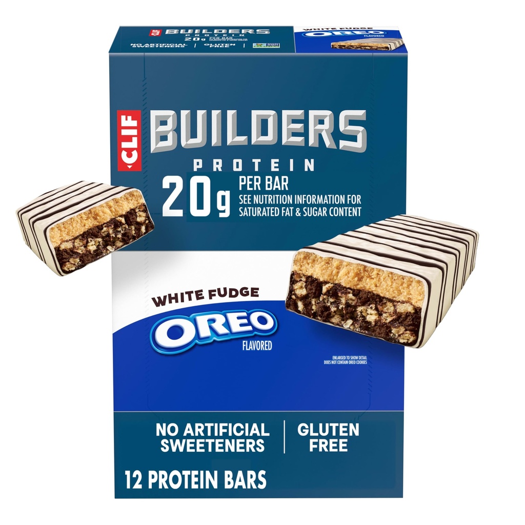 CLIF BUILDERS Protein Bars - White Fudge OREO-Flavored - 20g Plant Based Protein - Gluten Free - Non-GMO - Low Glycemic - No Artificial Sweeteners - 2.4 oz. (12 Pack)