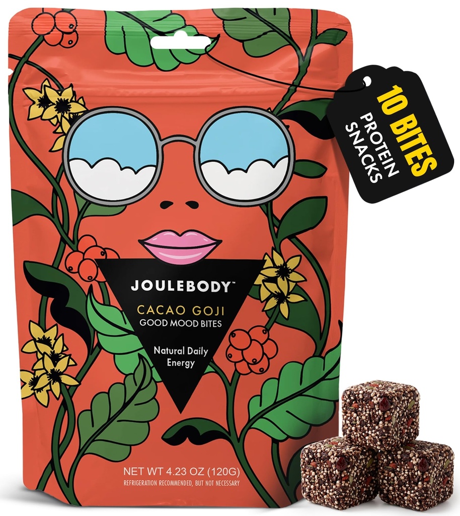JOULEBODY Good Mood Protein Energy Bites - Crunchy & Chewy Protein Bites Snacks, Plant Based, Gluten Free, Organic Cacao Goji Protein Balls Snacks, 4g Protein, 5g Fiber, No Refined Sugar, 10 Count